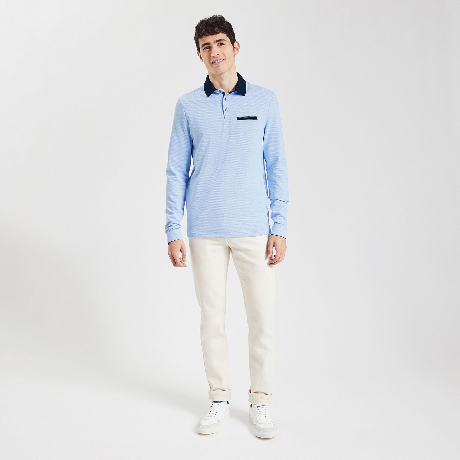 Polo manches longues jacquard à col fantaisie Bleu moyen