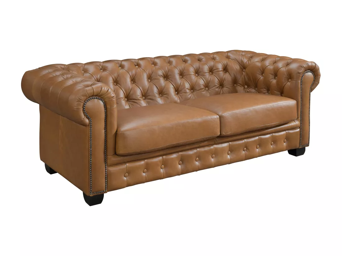 Canapé chesterfield 3 places BRENTON 100% cuir de buffle premium - Caramel vintage