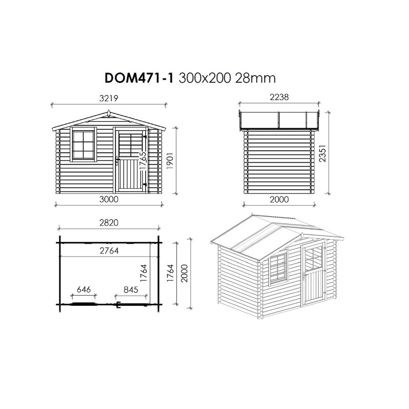 Abri de jardin en bois - 3x2 m - 15 m2 + terrasse avec balustrade et avant-toit en bois