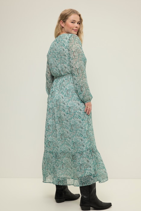 Maxikleid, A-Line, Paisley Print, V-Ausschnitt, elastische Taille, Langarm
