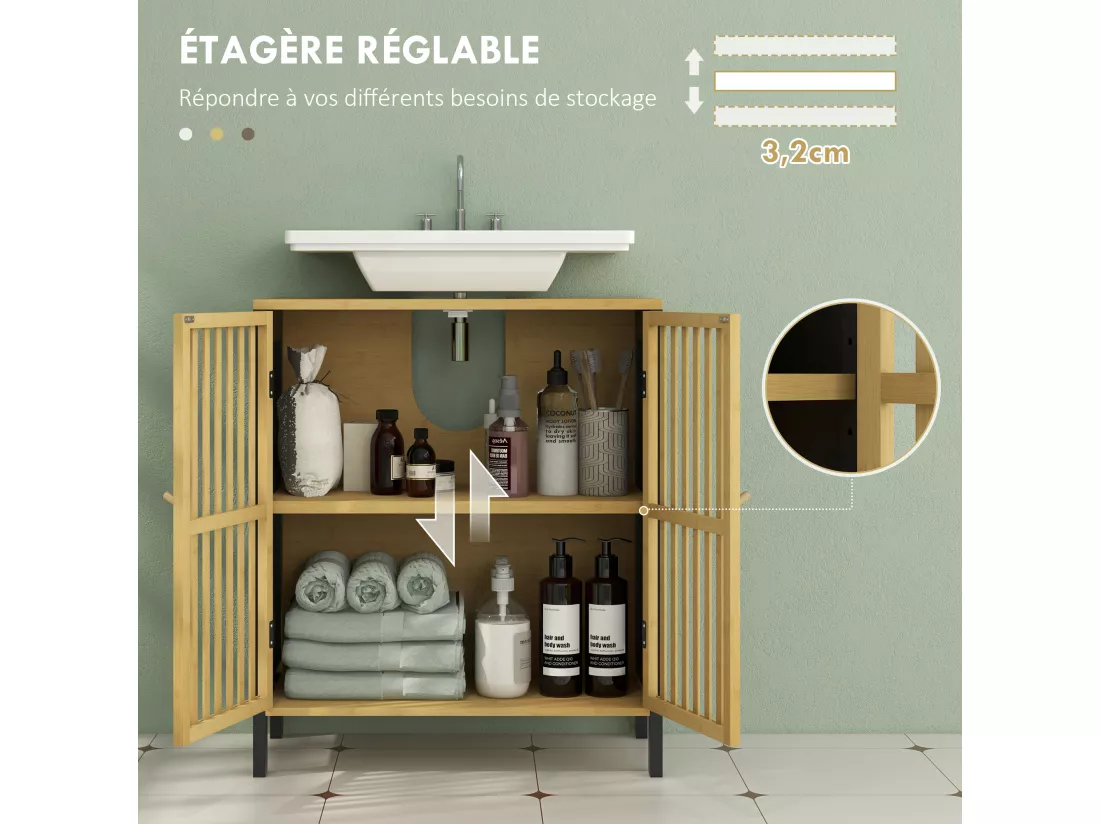 Meuble sous-vasque 2 portes étagère MDF noir bambou verni