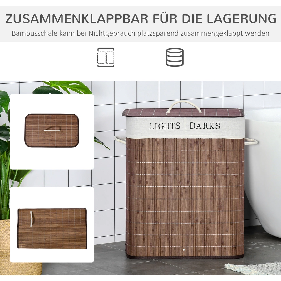 Outsunny Wäschekorb 2 große Fächer, Bambusschale Braun, Weiß