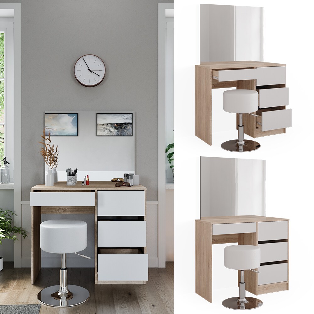 Vicco Schminktisch Sherry Sonoma Weiß, 90 x 75 cm, Spiegel, Hocker, Frisiertisch