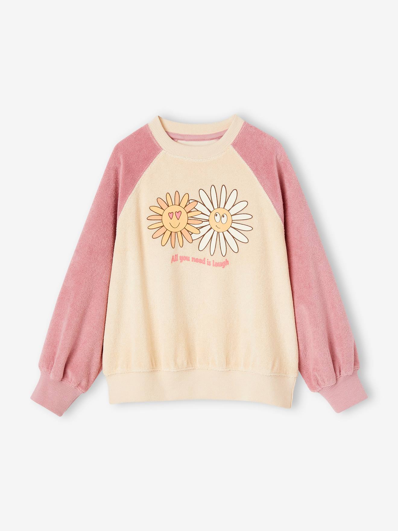Blusa raglan de moletom em tecido atoalhado cru com estampa floral 