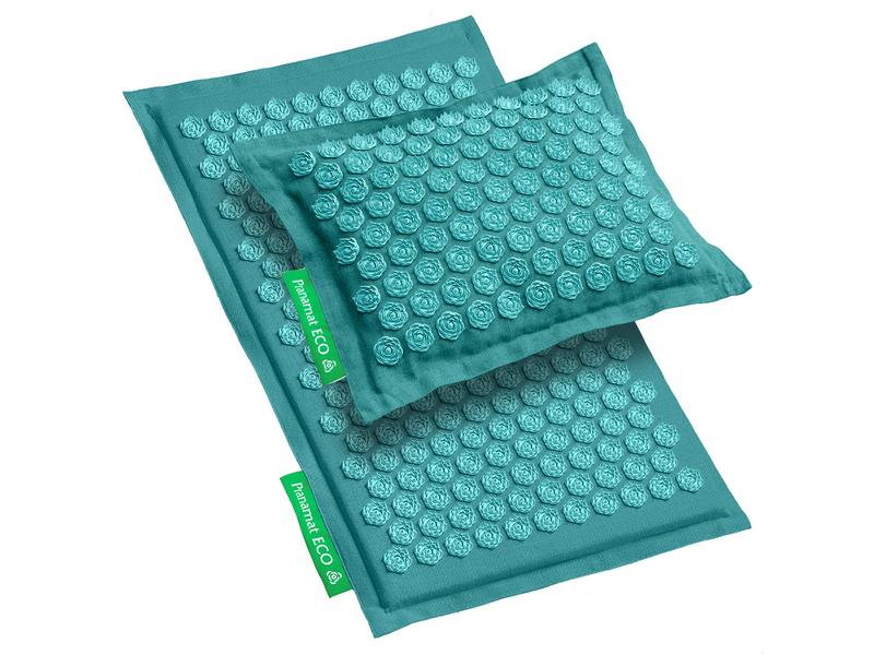 Pranamat Eco Massage Set – Matte und Kissen dunkeltürkis Nahhaltiges, handgefertigtes Rücken- und Kopfmassage Set