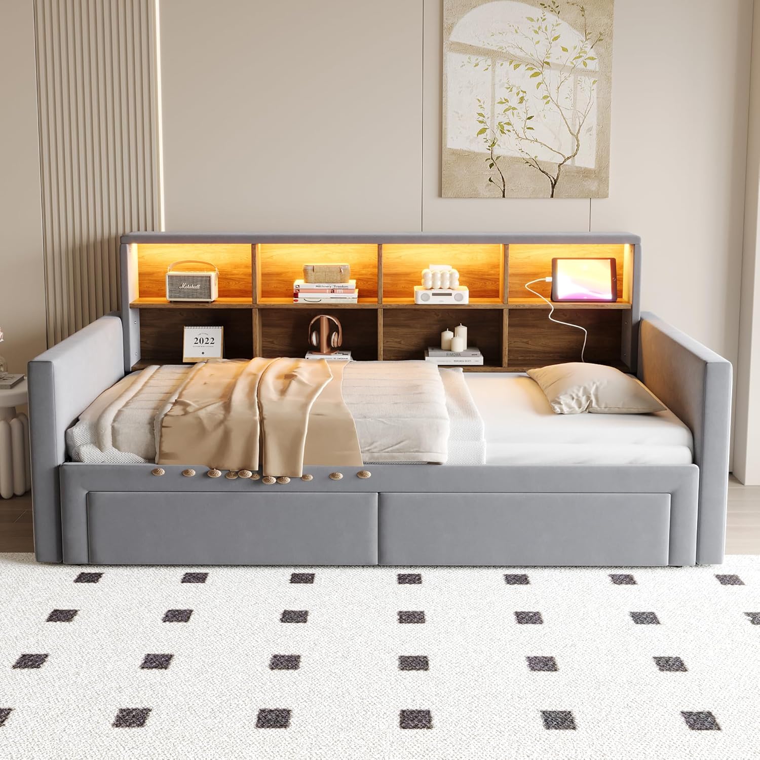 Ausziehbares Polsterbett Schlafsofa 90/180 x190cm, Kopfteil mit integrierten Staufächern, LED-Lichtleiste und Ladesteckdosen, Mit Zwei Schubladen und Lattenrost, Samtstoff Dunkelgrau