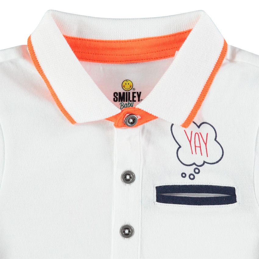 Polo manches longues en coton bio à print et badges Smiley Baby - Blanc