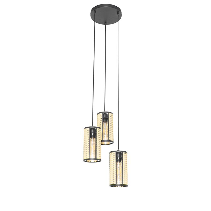 Oosterse hanglamp zwart met rotan 3-lichts rond - Akira