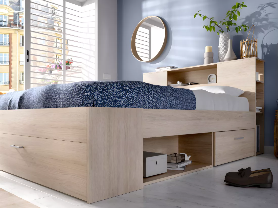 Lit avec tête de lit rangements et tiroirs - 160 x 200 cm - Coloris : Naturel + Sommier - LEANDRE