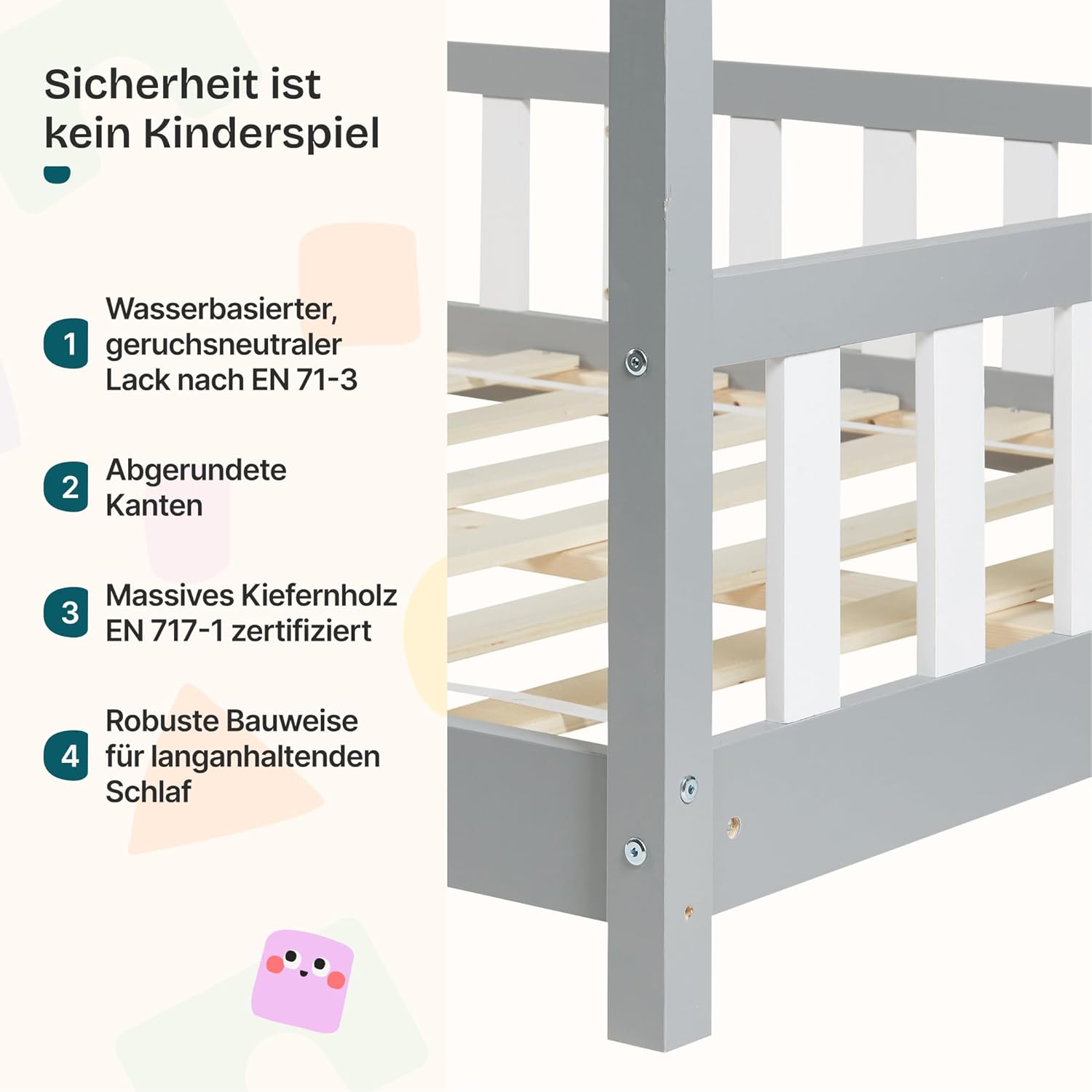 [en.casa] Kinderbett Hesel Hausbett Grau 90 x 200 cm mit Rausfallschutz und Lattenrost Montessori Bodenbett Jugendbett Holzbett