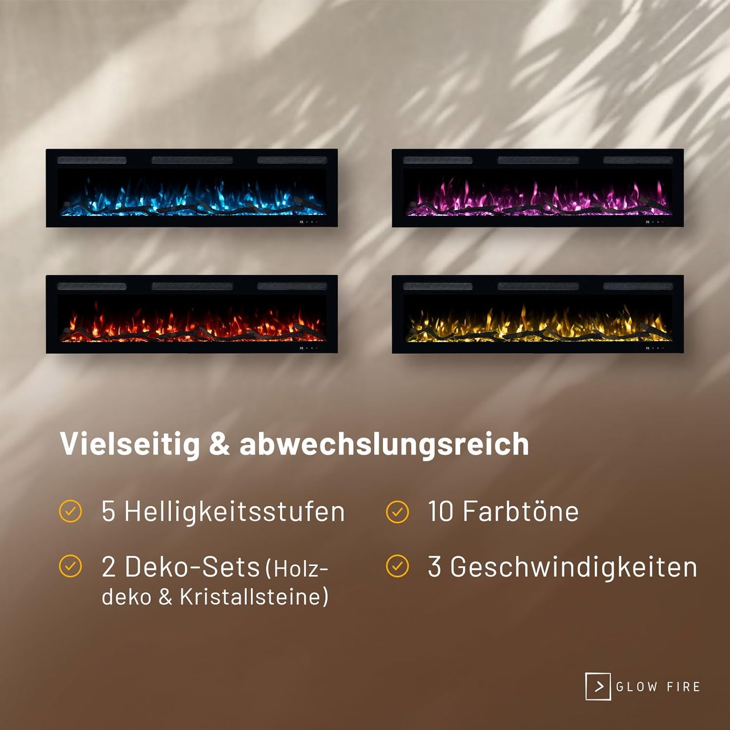 GLOW FIRE Elektrokamin Inside 127 mit realistischem 3D LED-Feuer - Wand-Elektrokamin mit Heizung und Kaminfeuer, App Steuerung, Knistereffekt & Timer, max. 1800 W, 127x35x12cm
