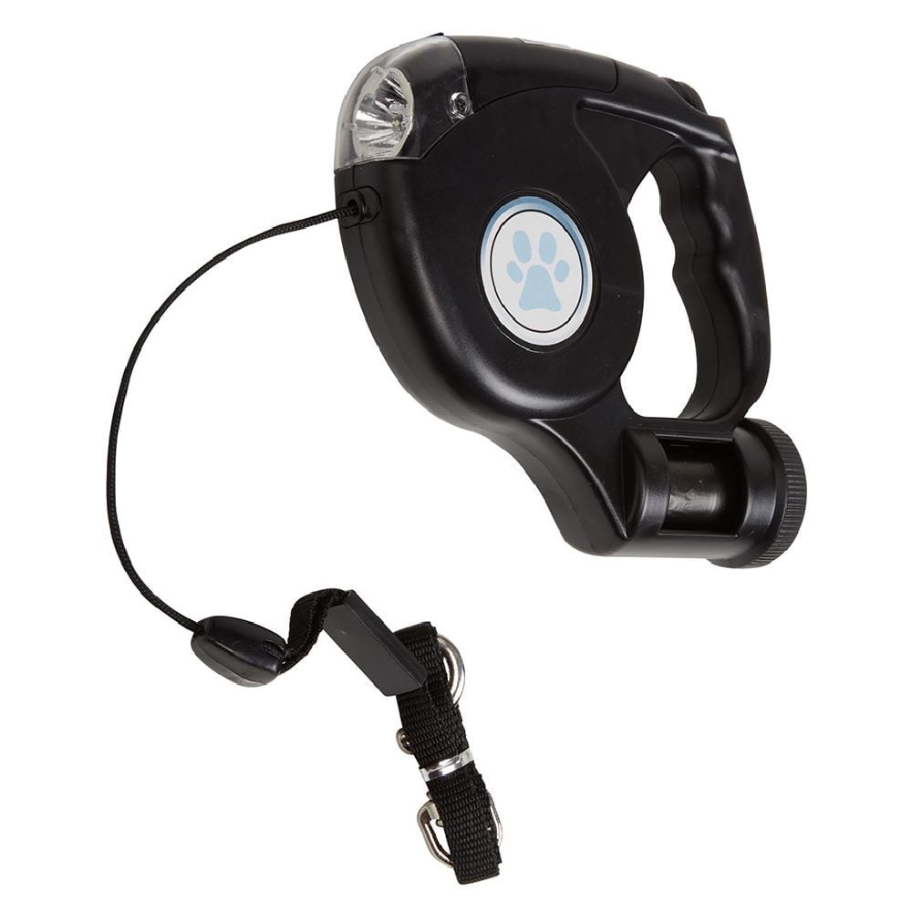 Laisse rétractable, distributeur de sac à déjection et lampe LED