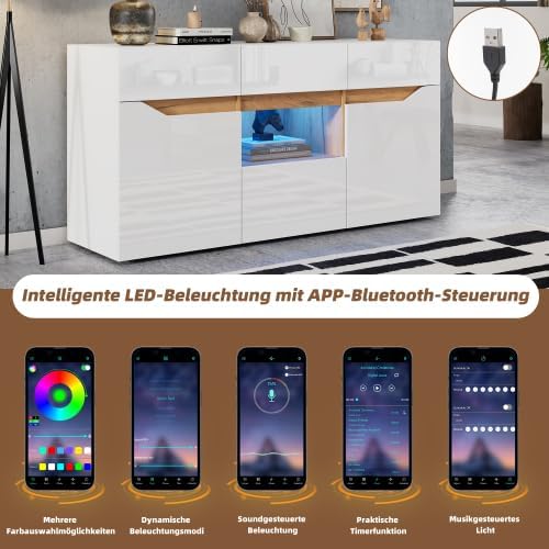 Merax Weißes Sideboard mit LED-Beleuchtung, 140 x 40 x 70 cm, 4 Schubladen und 2 Schränke, Hochglanz-Kommode für Wohnzimmer, Küche, Flur