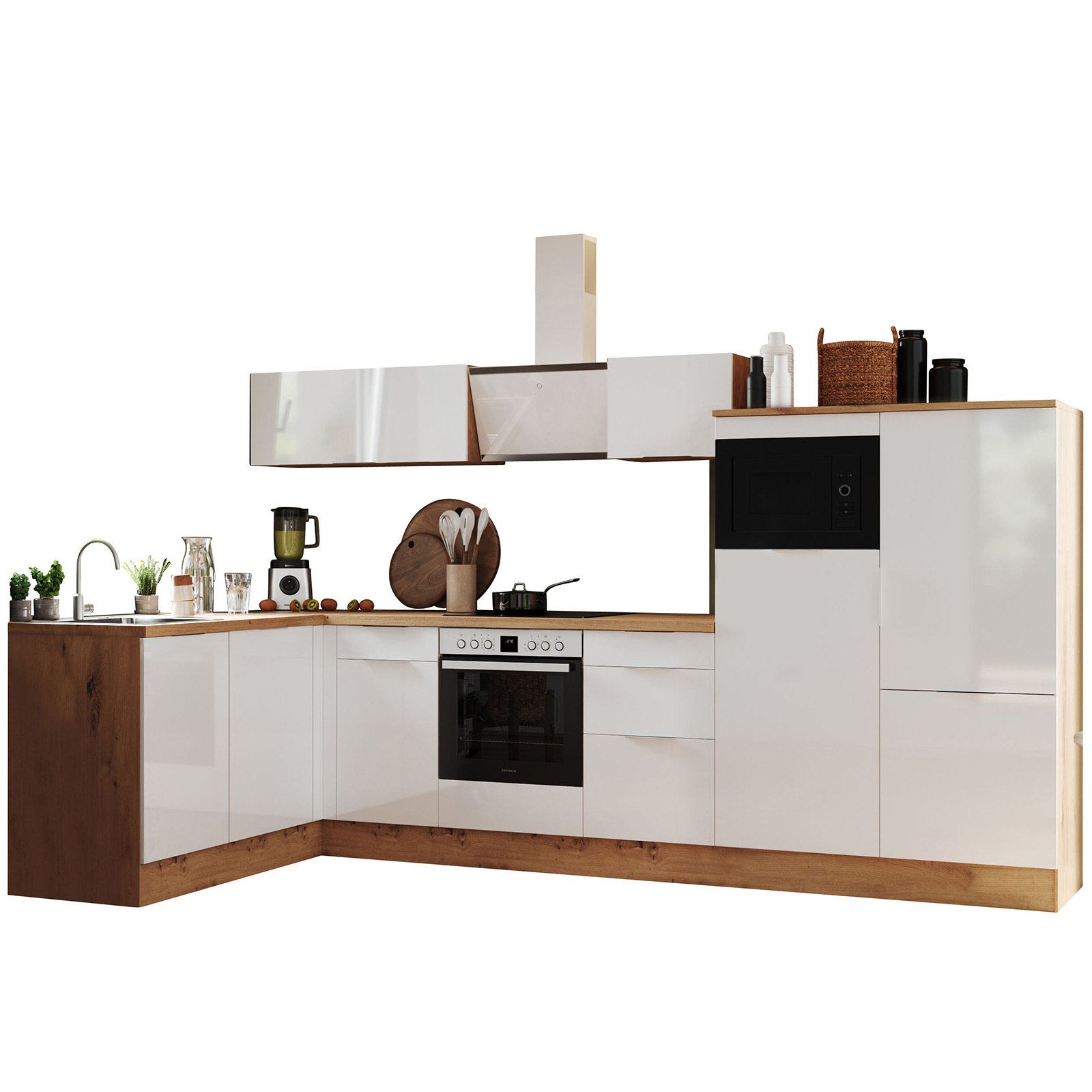 RESPEKTA Winkelküche - weiß Hochglanz - Artisan Eiche - mit E-Geräten - 340x175 cm