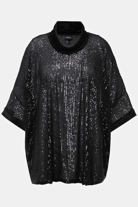 Pailletten-Shirt, Oversized, Samt-Rollkragen, Halbarm