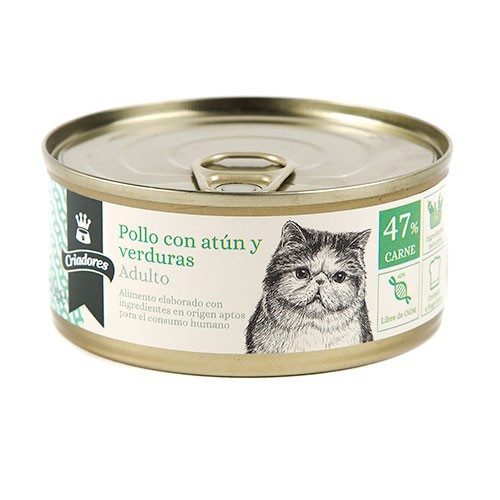 Ração enlatada para gatos adultos da marca Breeders, contendo frango e atum.