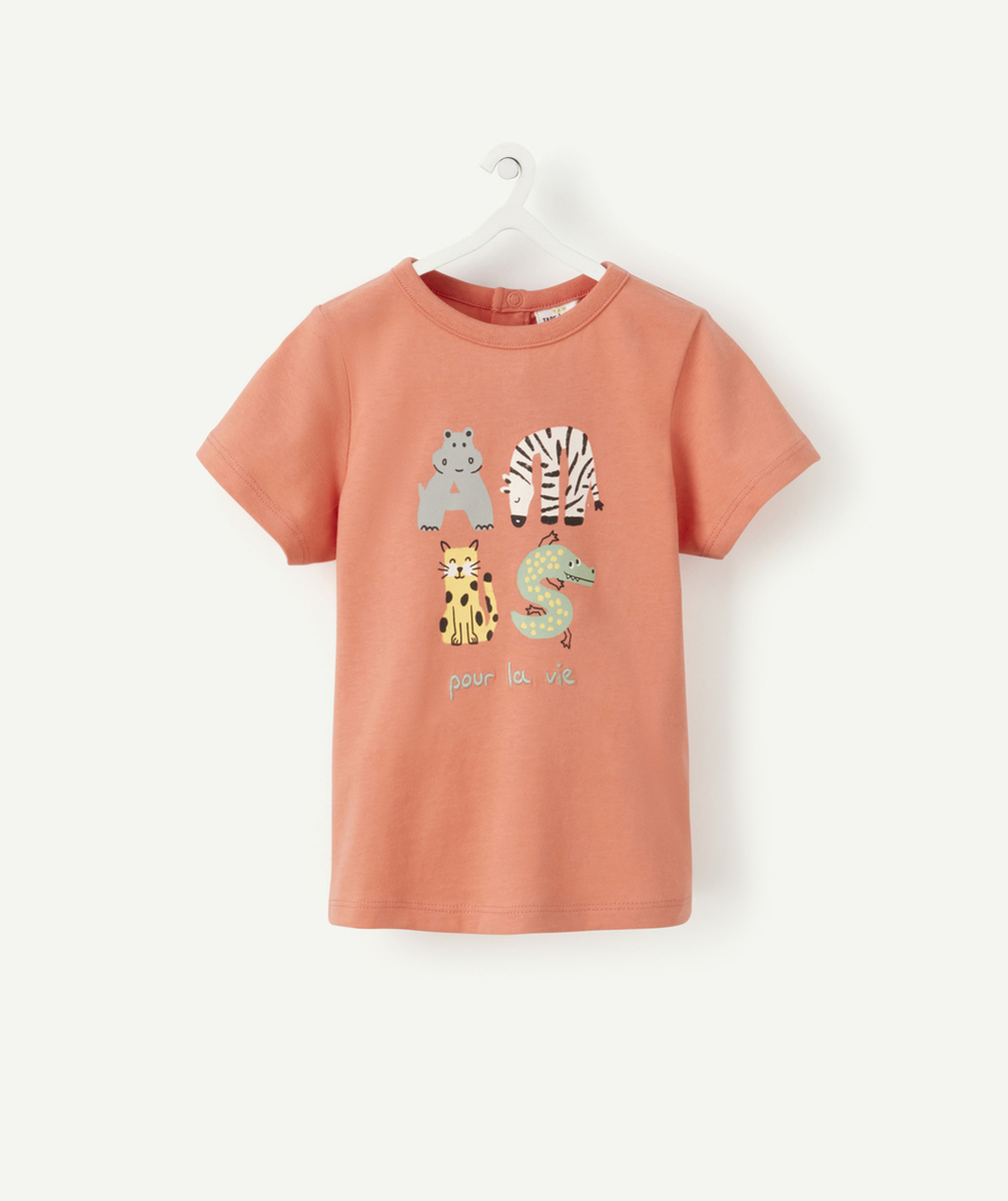 T-SHIRT BÉBÉ GARÇON EN FIBRES RECYCLÉES ROSE AVEC MESSAGE ET ANIMAUX