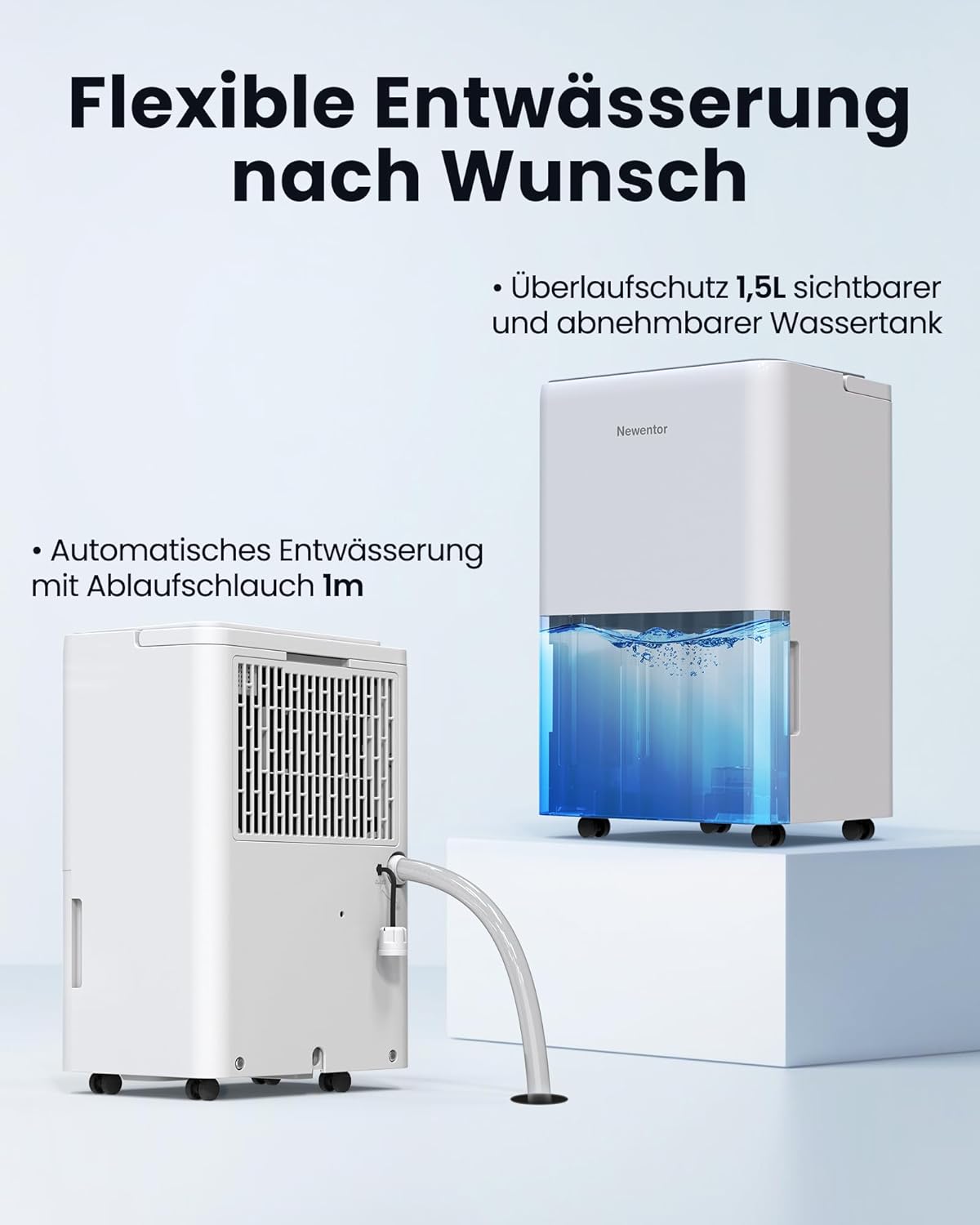 Newentor 12L Luftentfeuchter Elektrisch Keller 35dB, Entfeuchter Elektrisch Keller mit Ablaufschlauch 1m, Raumentfeuchter Elektrisch 25m²/122m³, 10 J. Gar., Filter, Timer