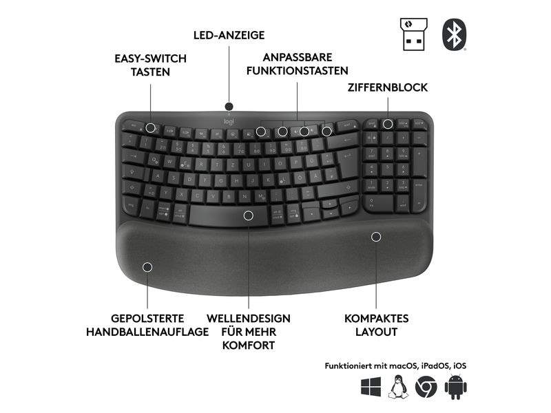 Logitech Tastatur Wave Keys for Business Ergonomische Tastatur mit geschwungenem Design und gepolsterter Handballenauflage für Komfort den ganzen Tag