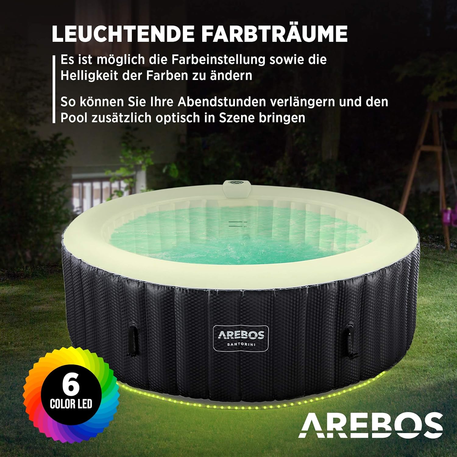 Arebos Whirlpool | automatisch aufblasbar | In & Outdoor | 6 Personen | ⌀ 208 cm | LED Leuchtband | 130 Massagedüsen | 1000 Liter | Inkl. Abdeckung | Bubble Spa & Wellness Massage