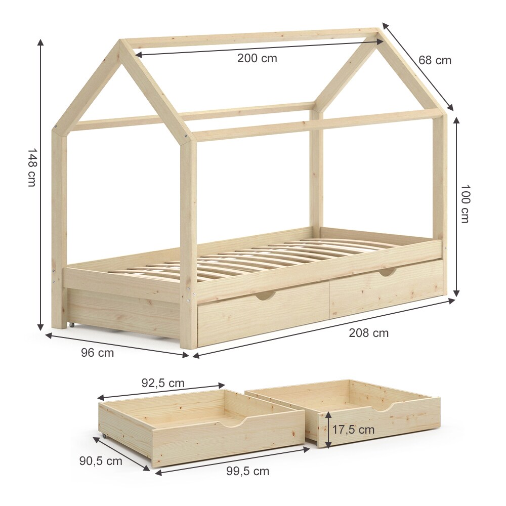 VITALISPA Kinderbett Hausbett Schubladen Bett Holz Kinderhaus weiß 90x200 cm