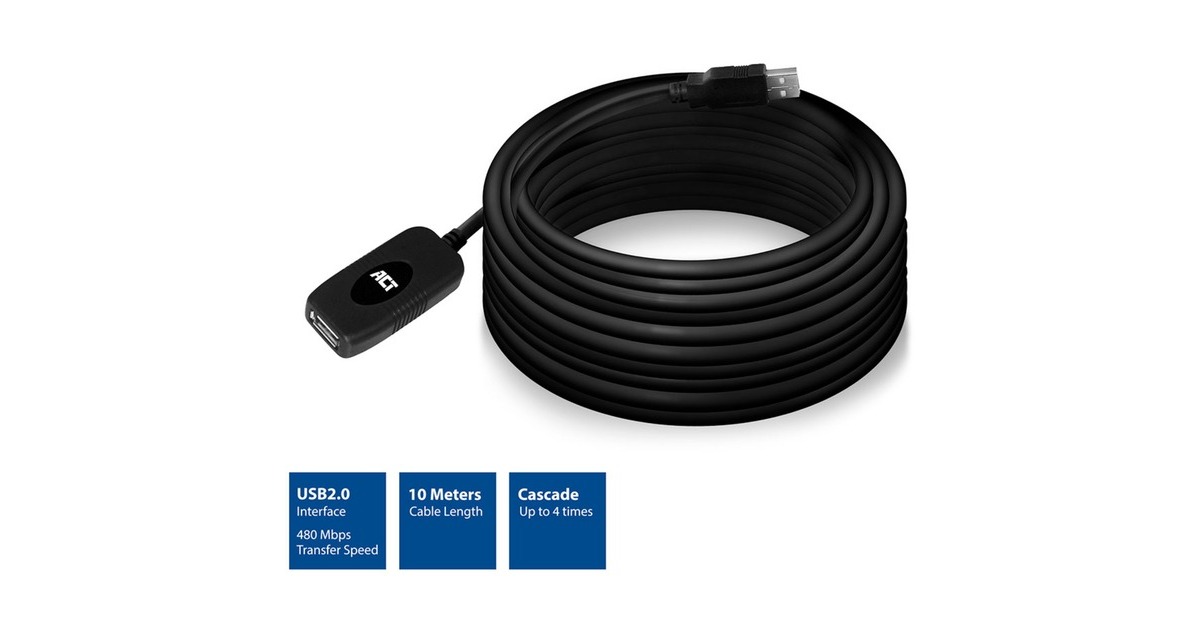 ACT ConnectivityUSB 2.0 Signaalversterker, 10 meter kabel  (Zwart)
