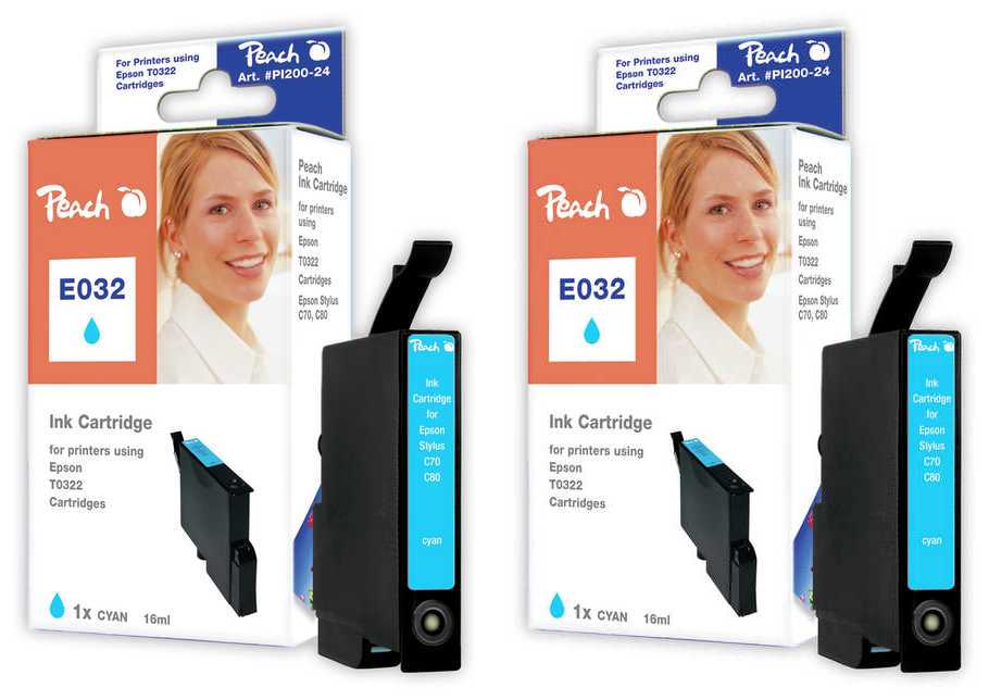 Peach E322 C 2 Druckerpatronen 2*cy ersetzt Epson T0322C*2, C13T03224010 für z.B. Epson Stylus C 70, Epson Stylus C 70 Plus, Epson Stylus C 80