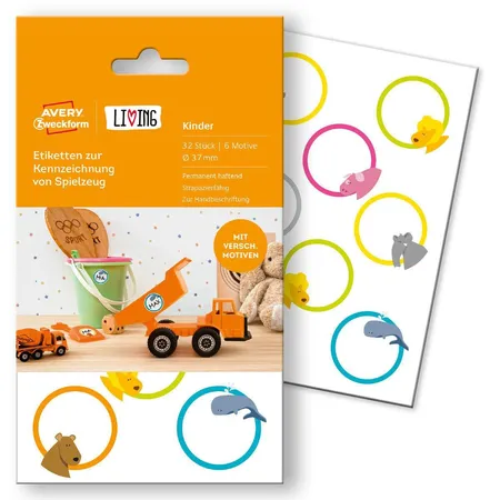 Avery Zweckform 62034 Etiketten zur Kennzeichnung von Spielzeug, Ø 37 mm, 4 Bogen/32 Etiketten, 6 Motive pro Packung, weiß