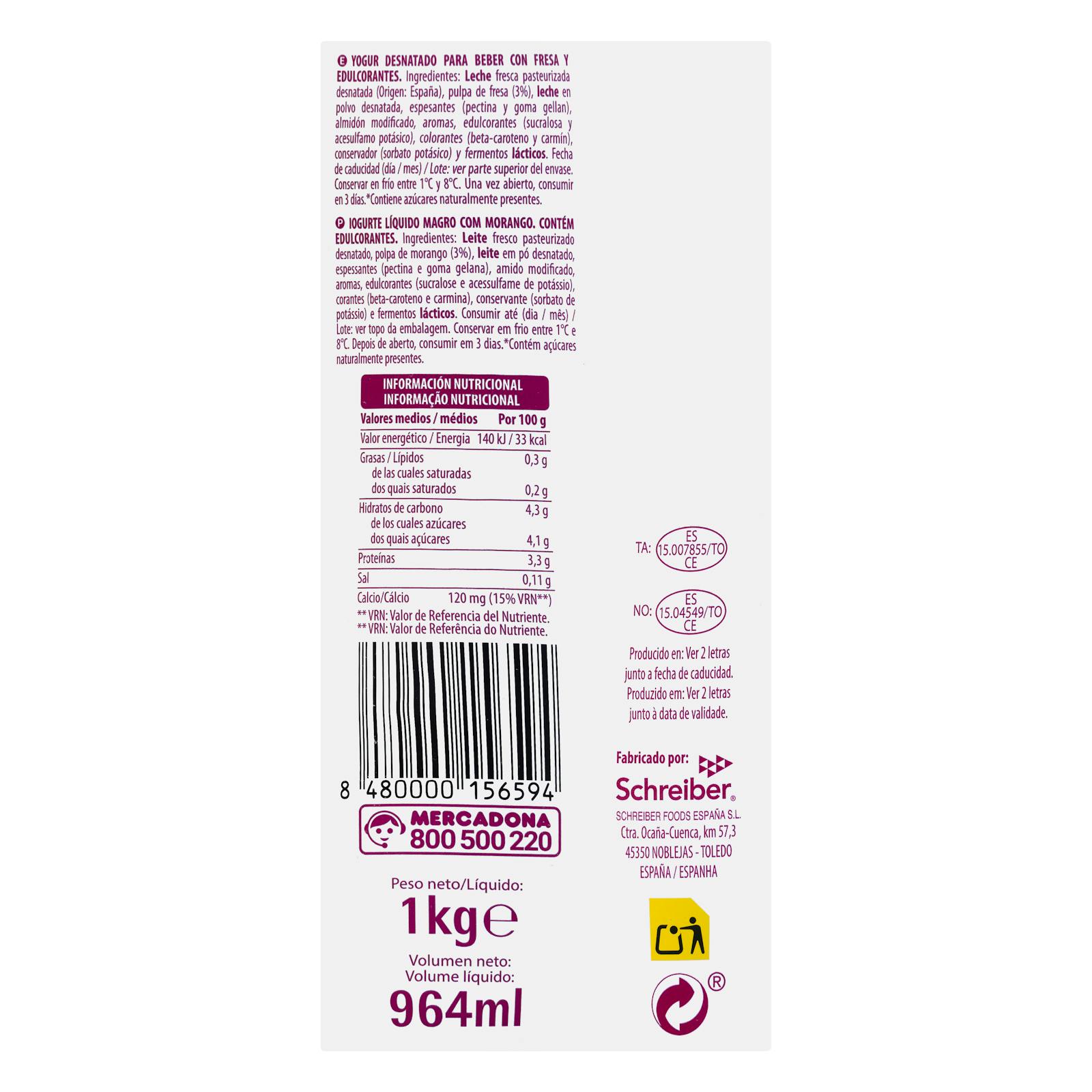 Yaourt liquide écrémé à la fraise Hacendado 0% mg 0% sans sucres ajoutés