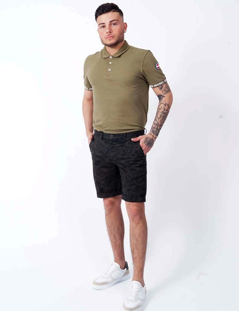 RECYCLED ART WORLD SHORT CHINO STRETCH FLORAL MILITARY GREEN