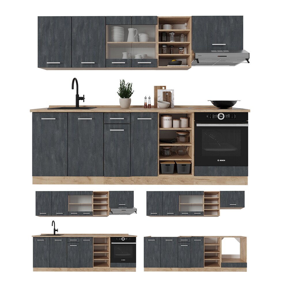Vicco Küchenzeile R-Line 240 cm Schwarz Beton Eiche ohne Arbeitsplatte