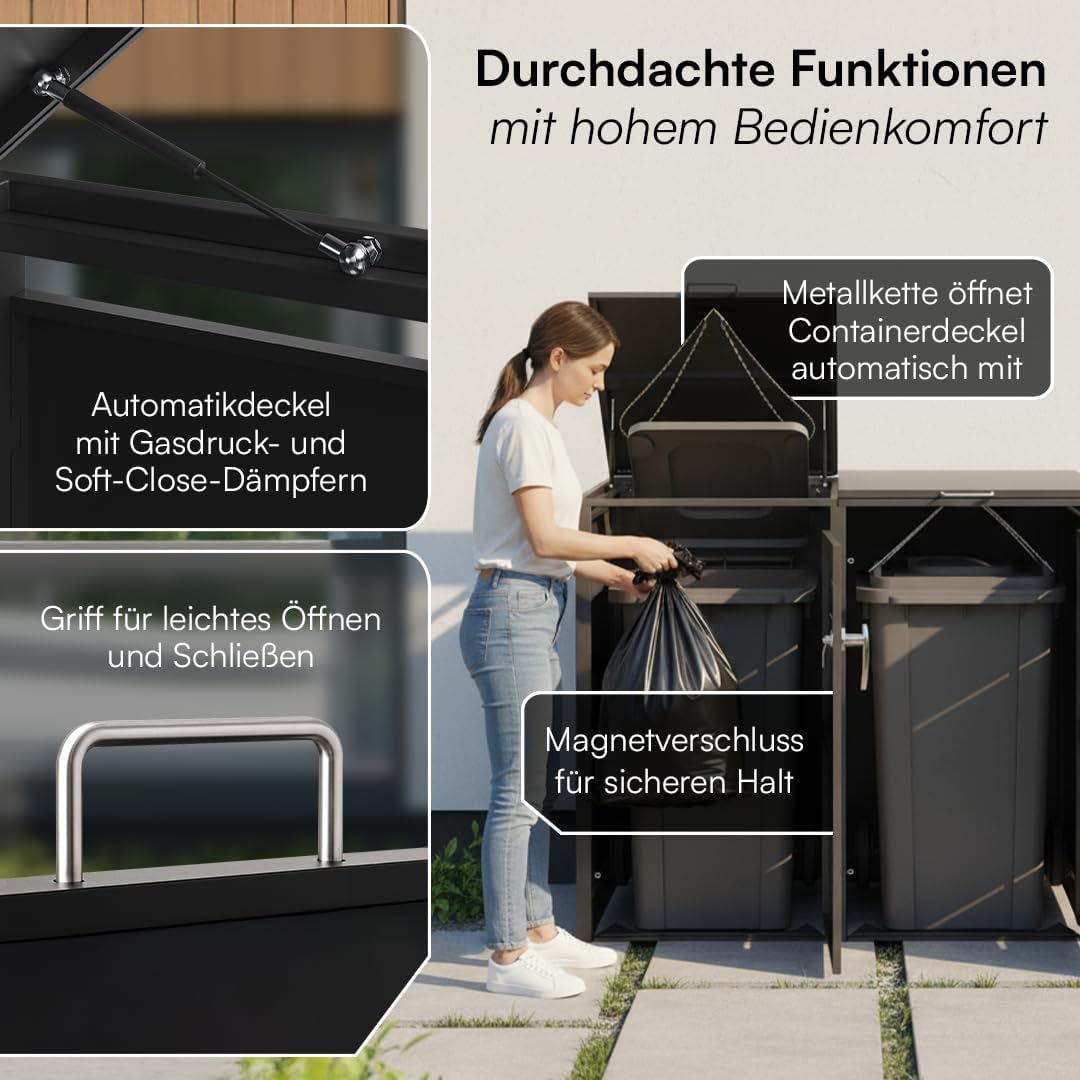 STEELSØN Diorus Mülltonnenbox 3er bis 120L abschließbar – Hochwertige Mülltonnenverkleidung für 3 Tonnen – Müllbox Stahl – Müllcontainer Schwarz - Mülltonnen Box wetterfest – Gerätebox mit Schloss