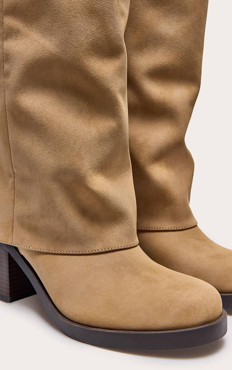 Taupe Bottes Camel En Faux Nubuck À Bout Rond Avec Revers Et Petit Talon Bloc