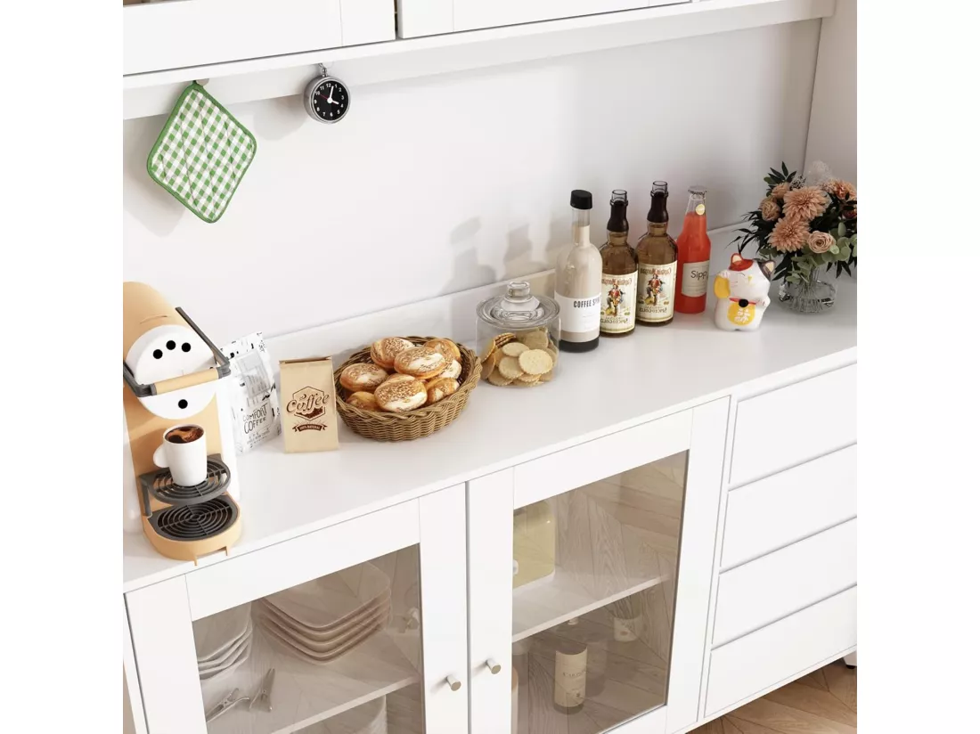 Buffet de cuisine Armoire verre haute Armoire de cuisine Plan de travaille Compartiment ouverts 4 portes 4 Tirois Blanc 160x40x190cm