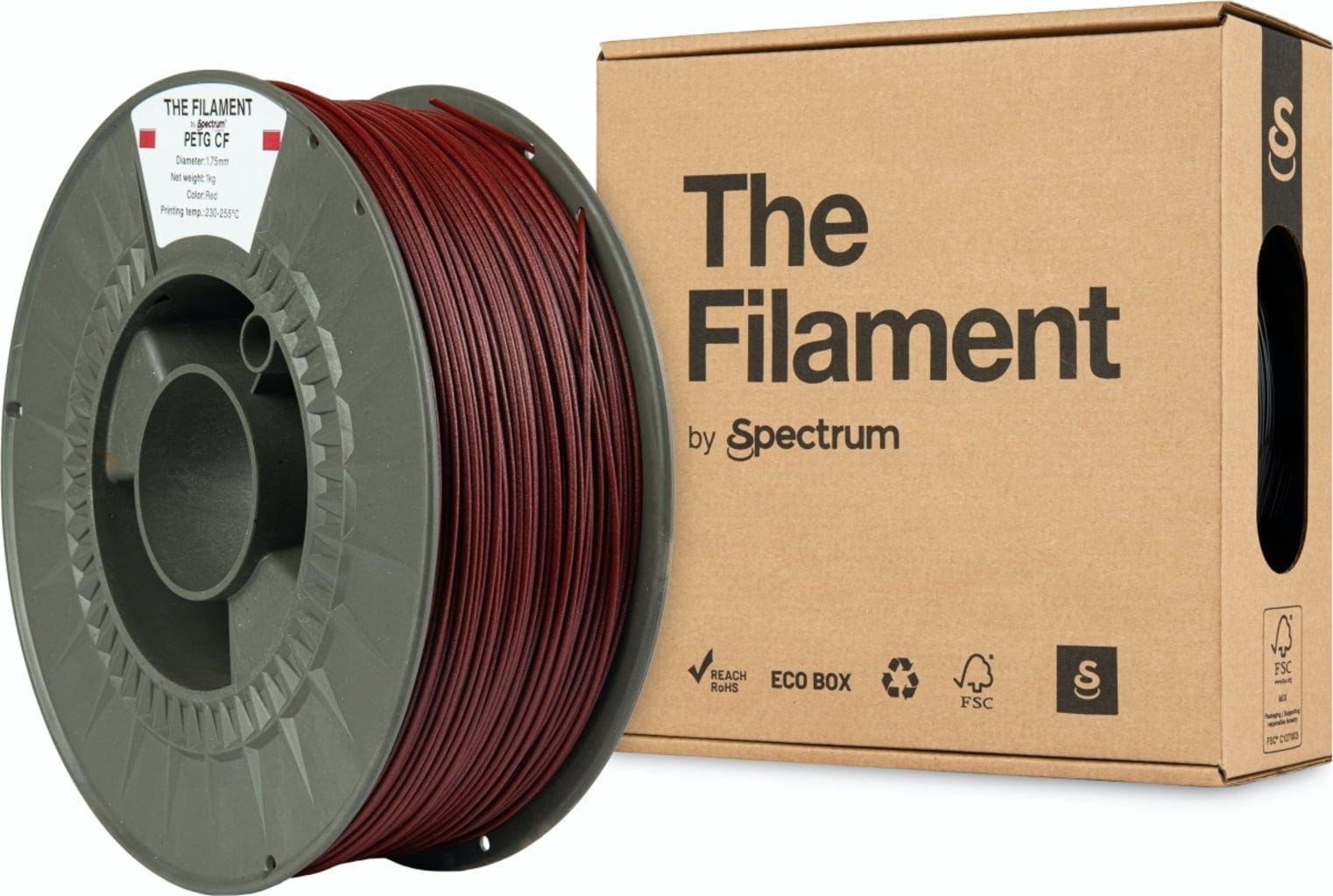 The Filament  PETG CF Red, 1,75 mm / 1000 g    Mit 3 % Kohlefasern verstärktes PETG in Red