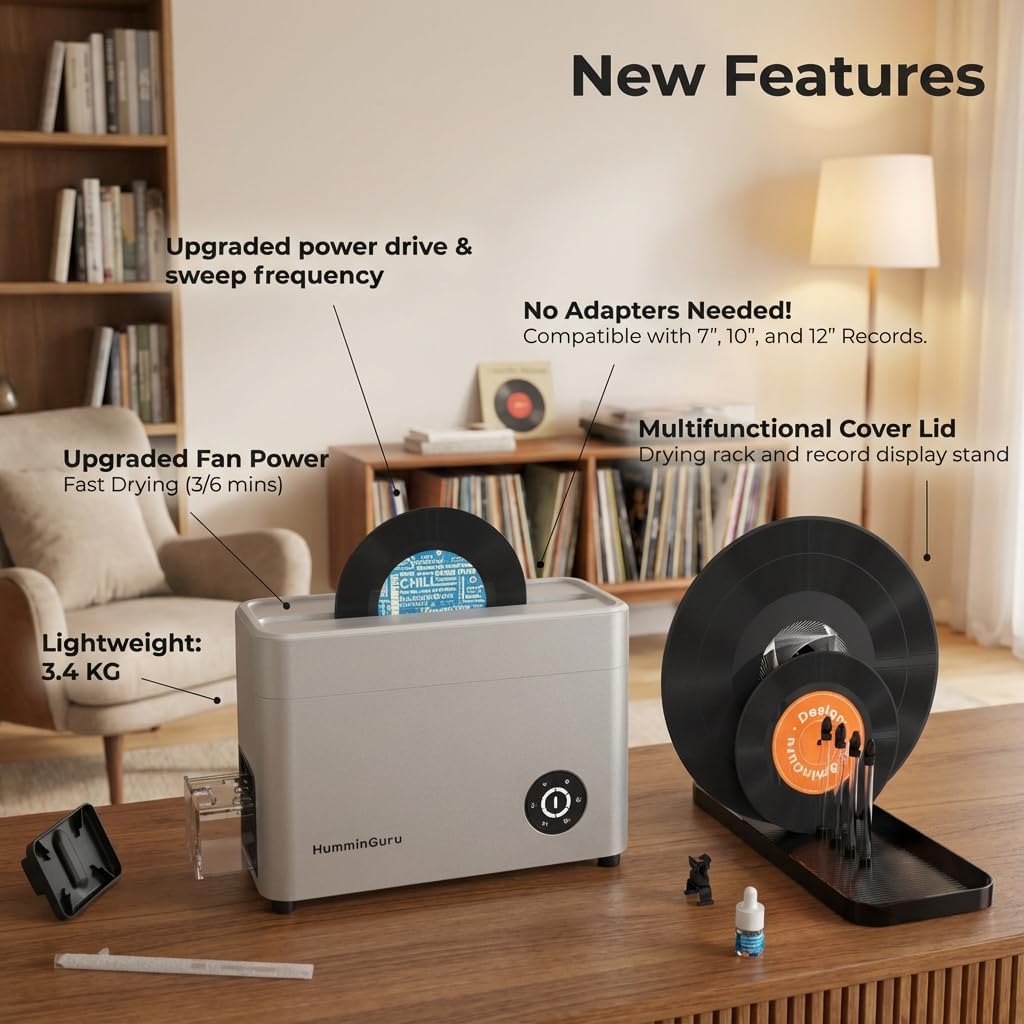 HumminGuru Ultraschall-Schallplattenreiniger – 40-kHz-Ultraschall-Schallplatten-Reinigungsgerät mit Automatischer Trocknung, Schallplatten Reinigungsset mit Wasserfilter(NOVA White Sand, 7/10/12 Zoll)
