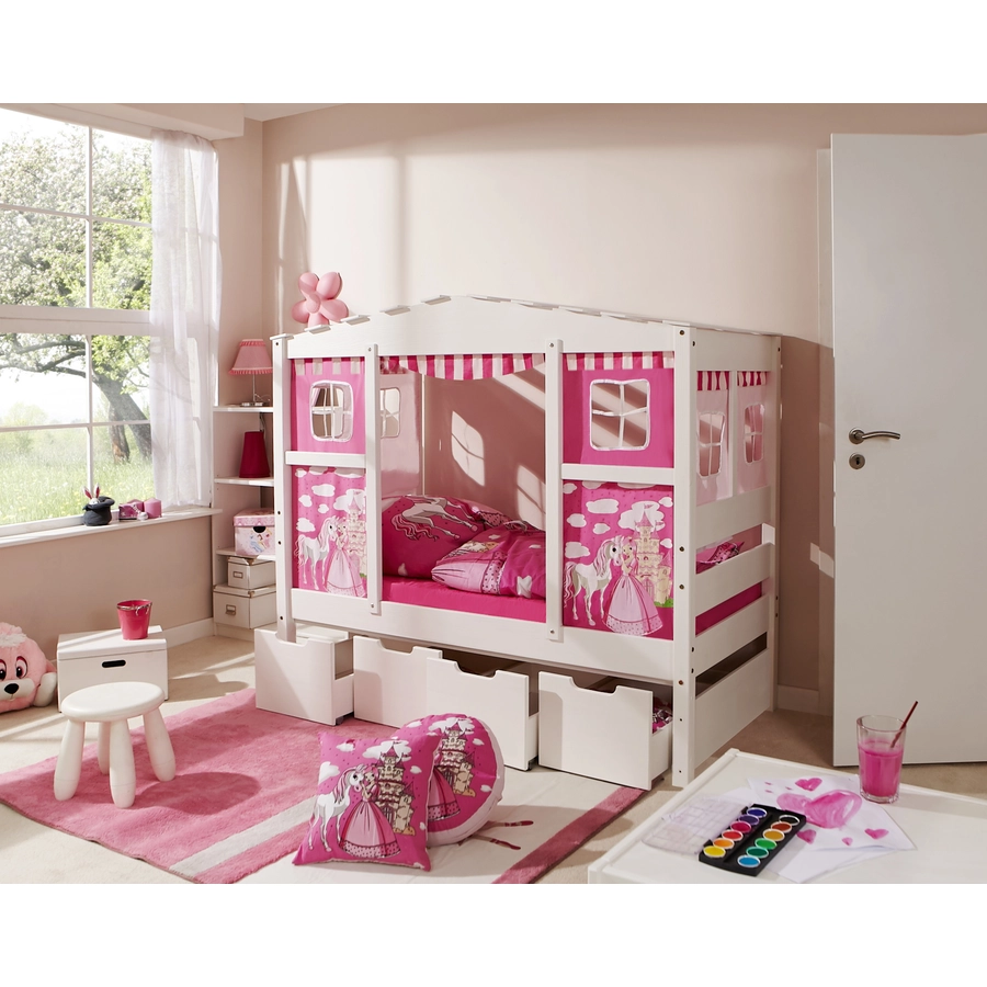 TiCAA Hausbett Mini mit 4 Schubladen Prinzessin Rosa