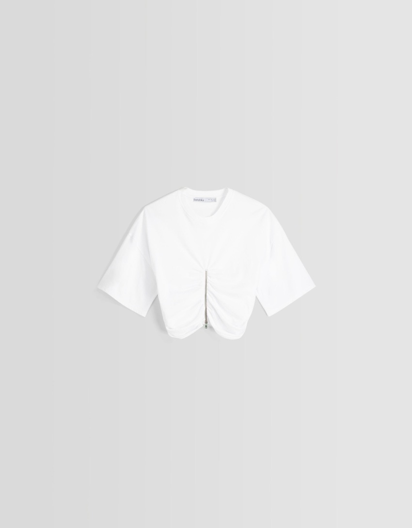Camiseta de manga curta com zíper e modelagem quadrada