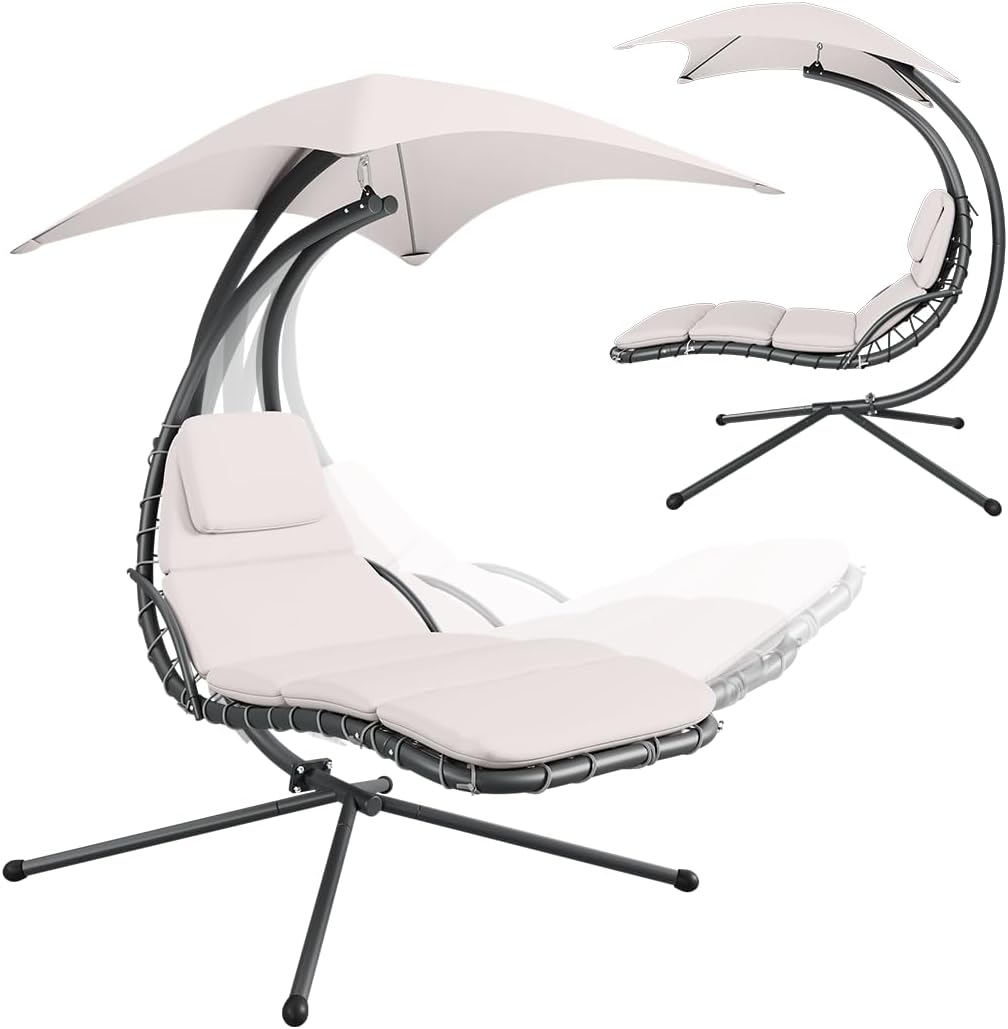 STEELSØN Schwebeliege Nyria, Hängeliege mit Gestell, Hängesessel inkl. Polsterauflage für Garten, Terrasse und Balkon, Schaukelliege, Schwingliege mit Sonnendach beige