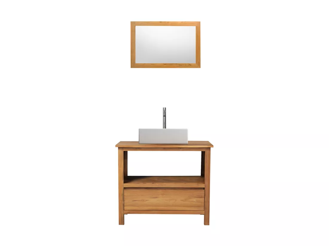 Meuble de salle de bain en teck avec simple vasque et miroir - 90 cm - KETAPANG