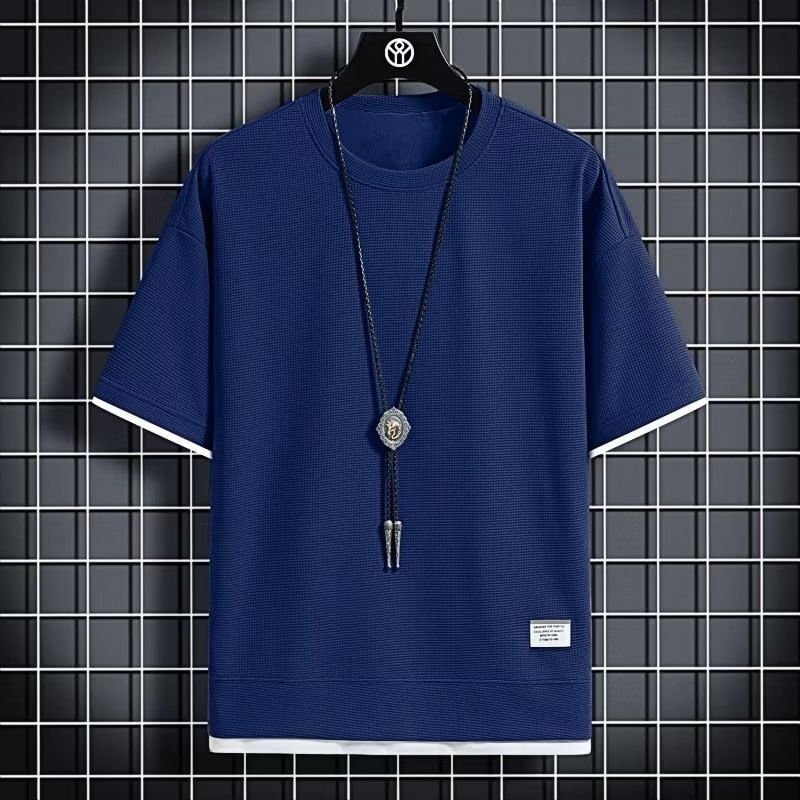 Acrius - T-shirt met ronde hals, elleboogmouwen en motief van een tweedelig appliqué met wafelmotief / T-shirt met korte mouwen en effen patroon