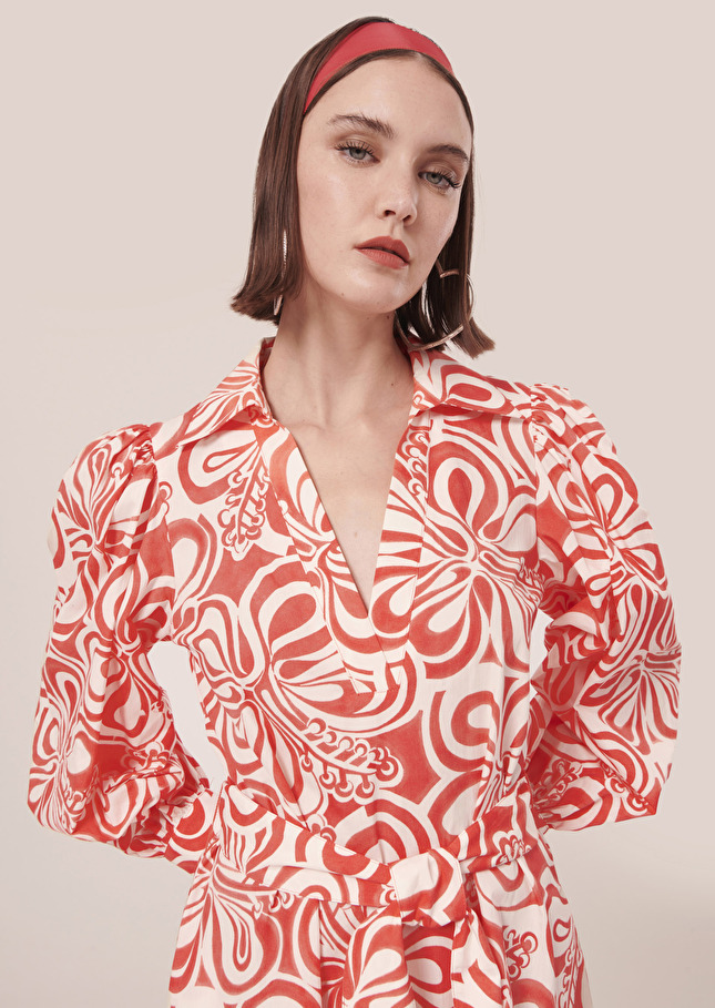 Robe Rivoltaécrue à motif graphique corail en popeline