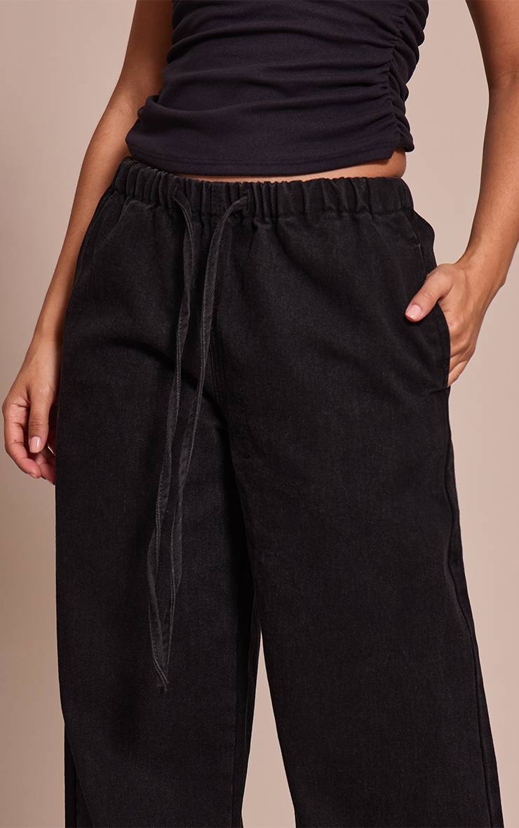 Noir Jean Large Taille Haute Élastiquée Avec Lien En Denim Petite