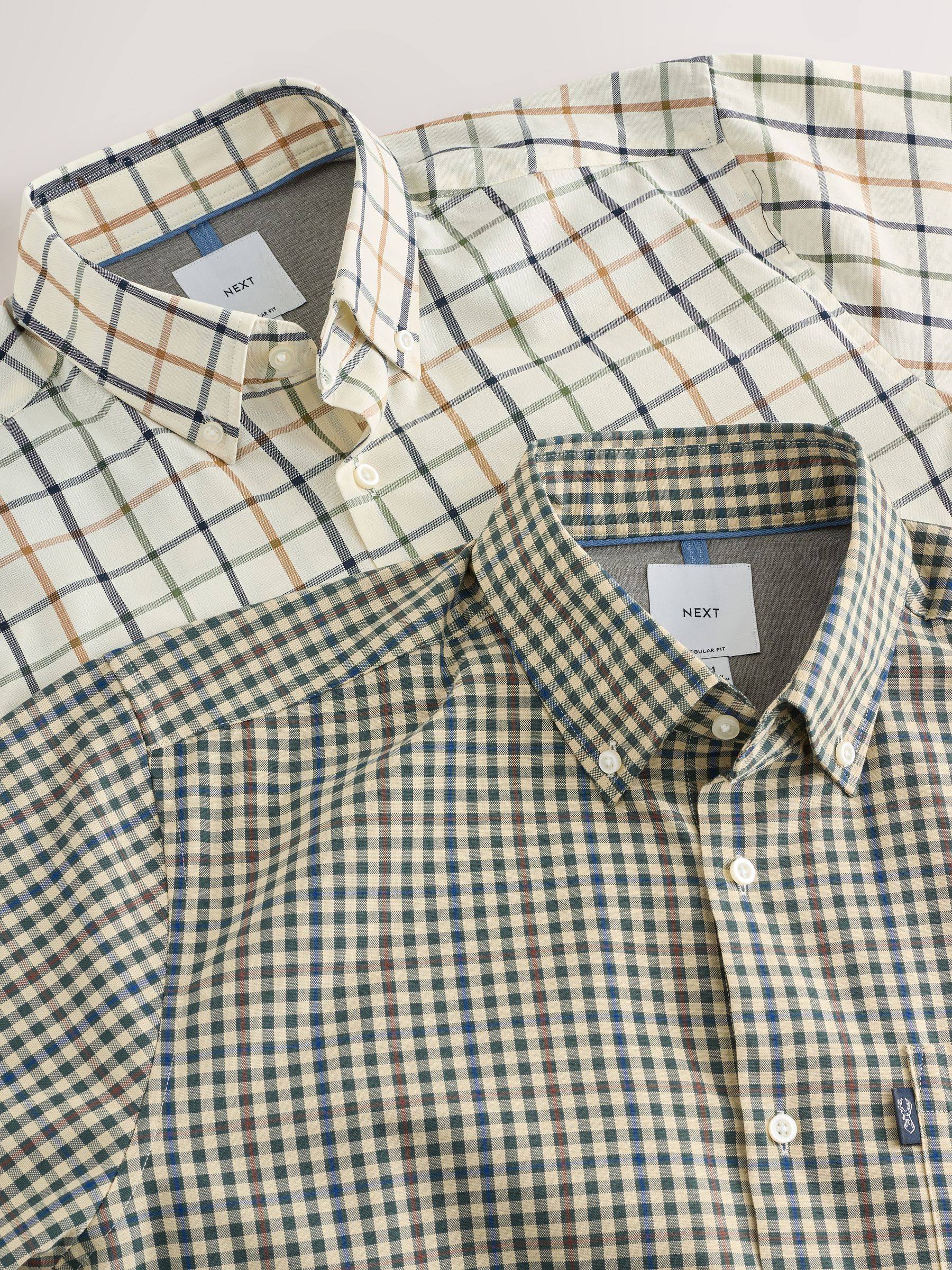 Ecru Tattersall/Neutral Green Gingham - Set van 2 stuks strijkvrije Oxford-overhemden