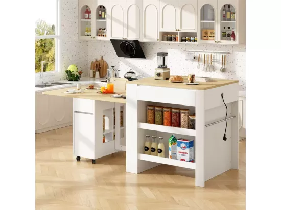 Ilot central de cuisine avec 4 tiroirs et étagères ouvertes - Plateau extensible - 110(214)x78x97.5 cm - 2 à 6 personnes - Blanc+naturel