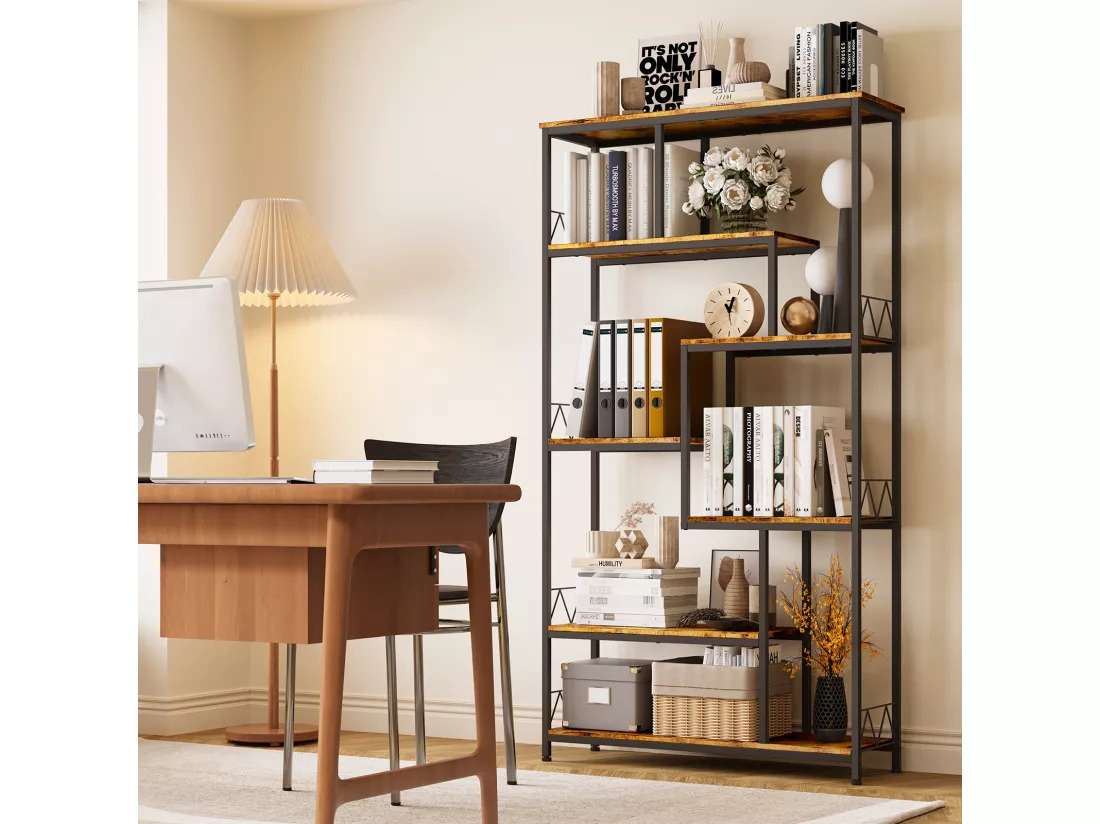 Bibliothèque Bealife Étagère de Rangement 7 Niveaux Cadre en Métal Pieds Réglable 100 x 30 x 180 cm Marron