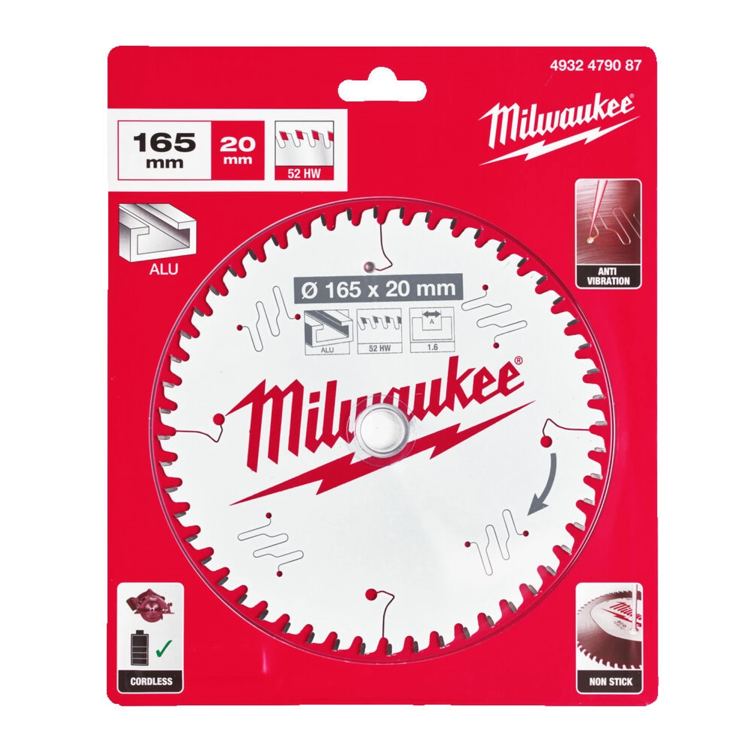 Milwaukee 493247908 CSB P Alu Cirkelzaagblad - 165x20x1.6mm - 52 ATB