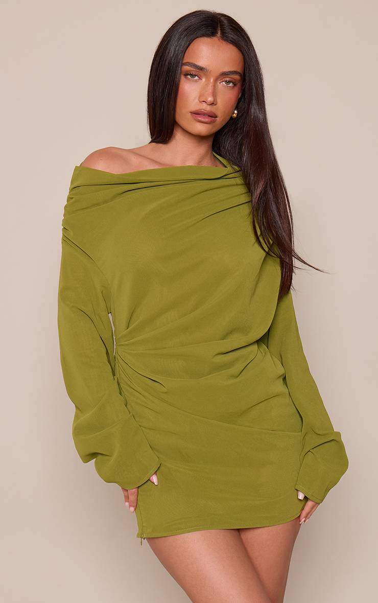 Vert Olive Robe Moulante Drapée En Mousseline
