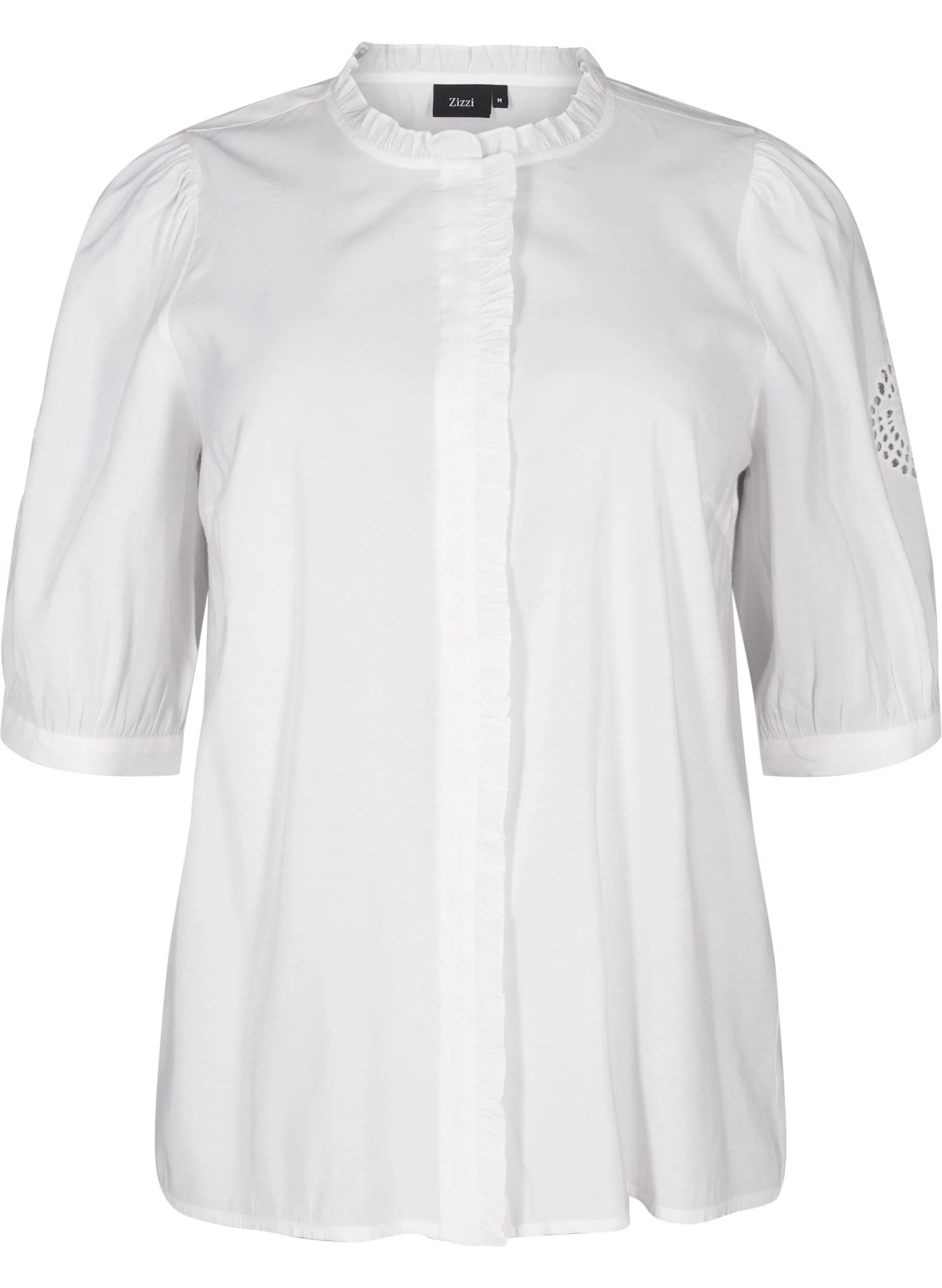 Skjortebluse med flæser og broderi anglaise