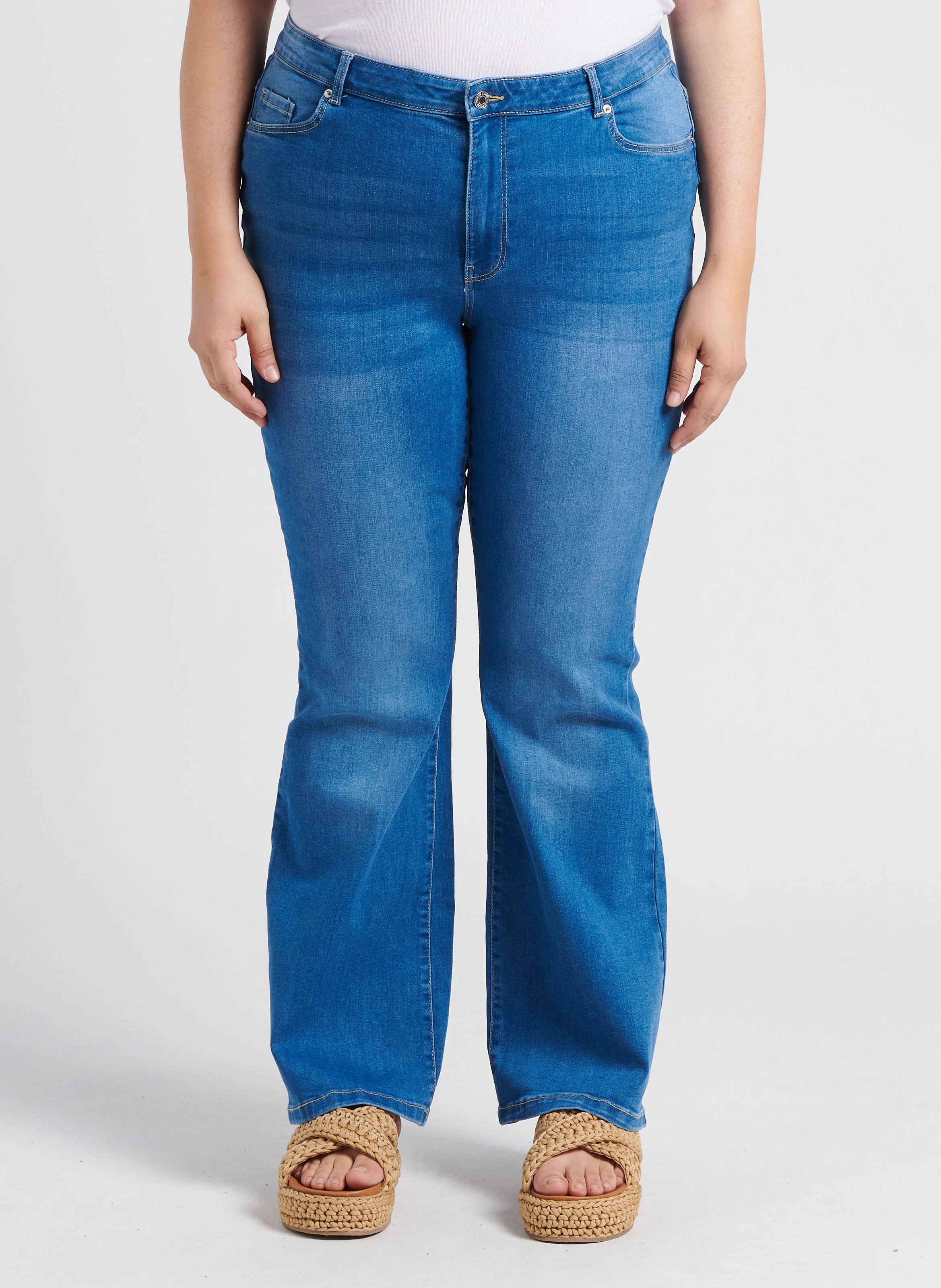 Jean flare denim délavé en coton mélangé| Jean Délavé